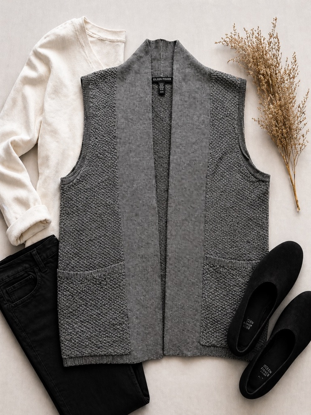 Eileen Fisher Gray Merino Wool Open Vest Pockets Minimalist M